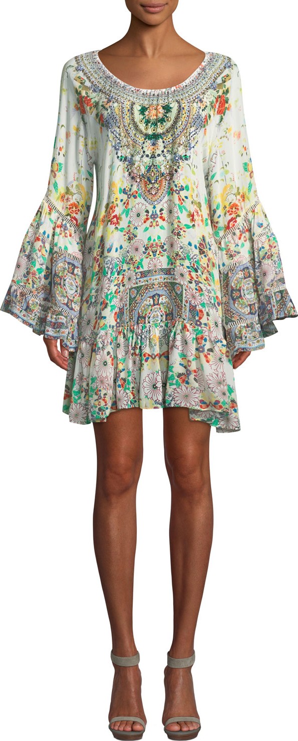 Camilla Scoop-Neck A-Line Printed Frill Mini Dress