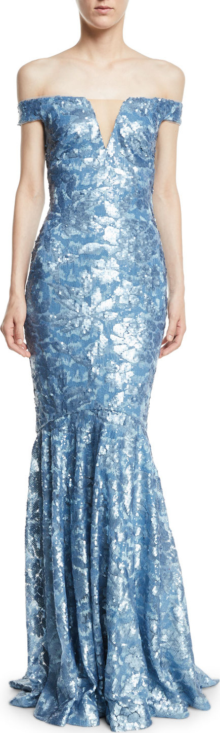 Theia Sequin Embellished Off-the-Shoulder Gown