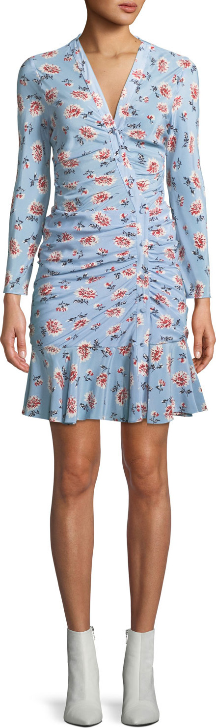 Veronica Beard Rowe Bracelet-Sleeve Ruched Asymmetric-Placket Floral-Print Silk Dress