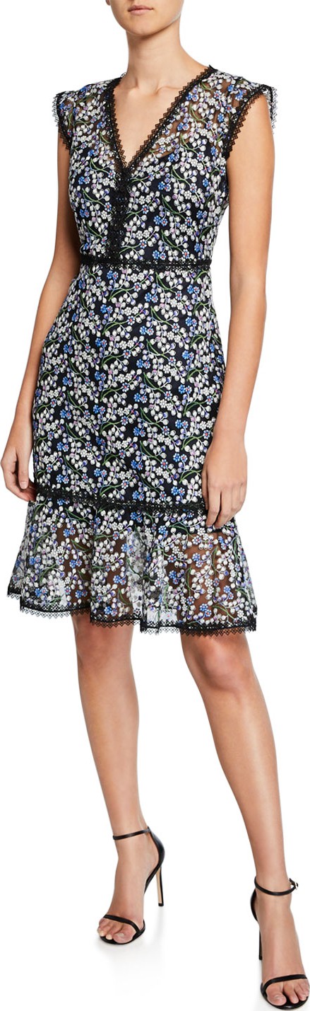 Elie Tahari Florance Floral Mesh V-Neck Sleeveless Flounce Dress