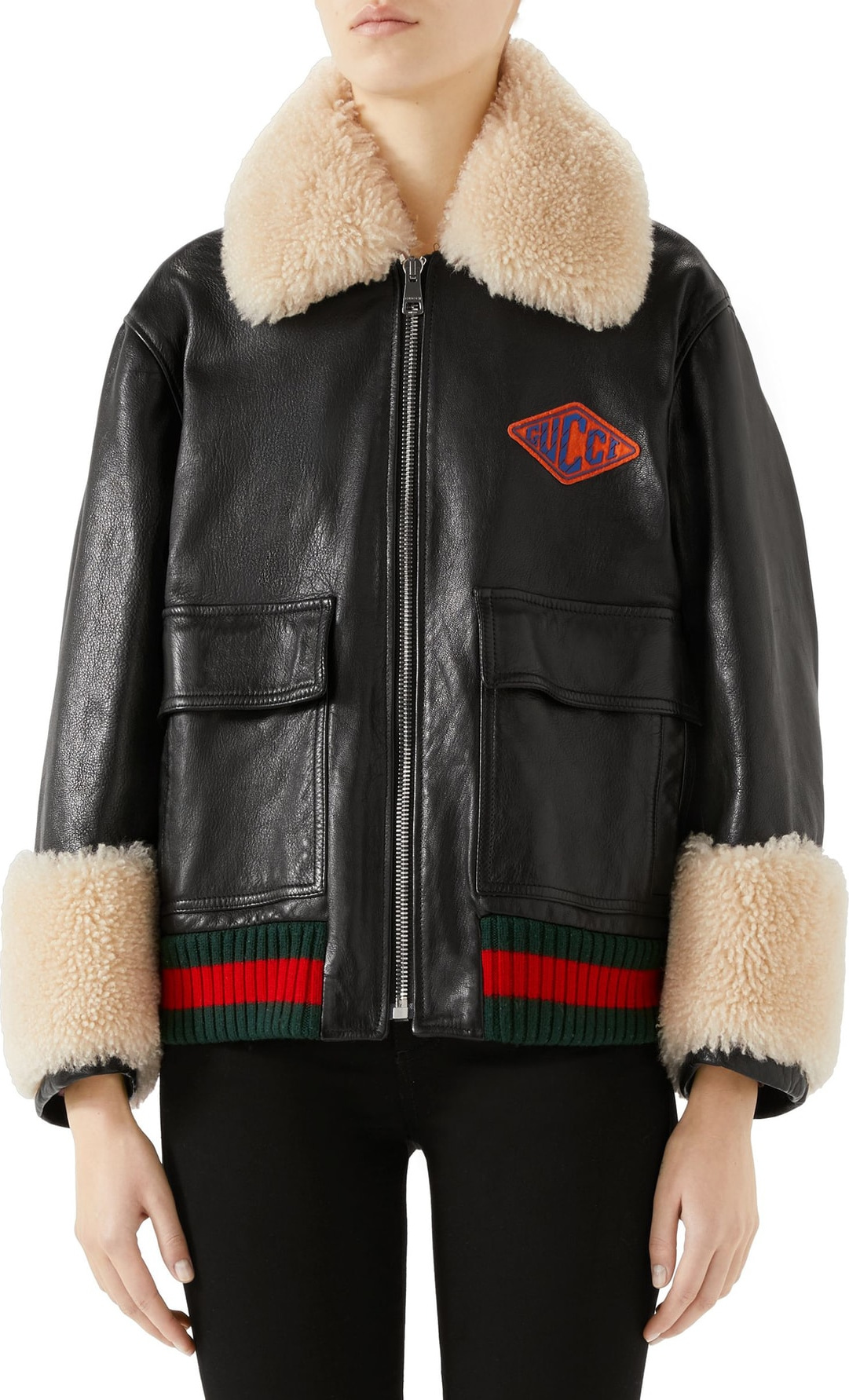 Gucci Genuine Shearling Trim Leather Bomber Jacket