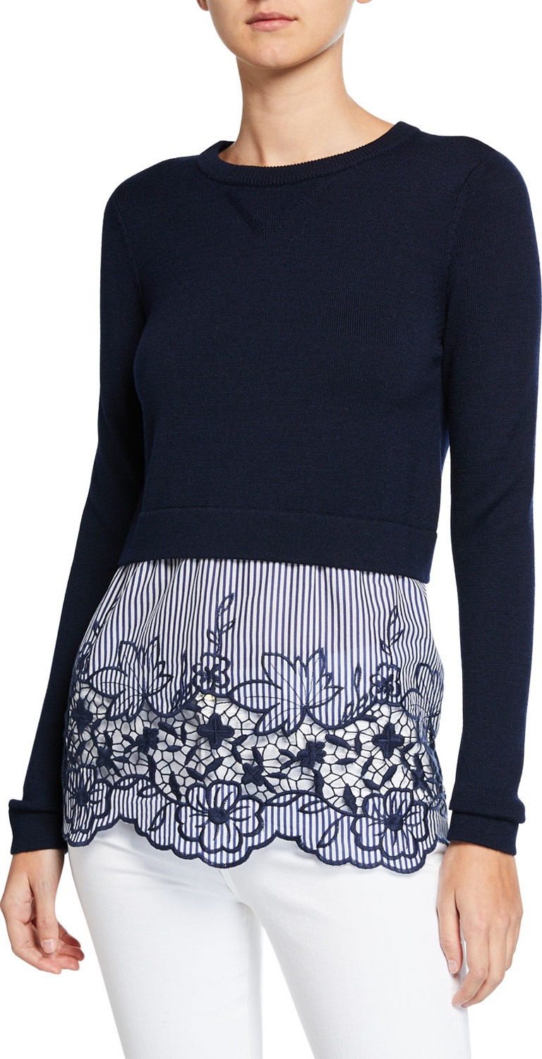 Elie Tahari Candra Long-Sleeve Sweater Overlay Top w/ Striped Bottom