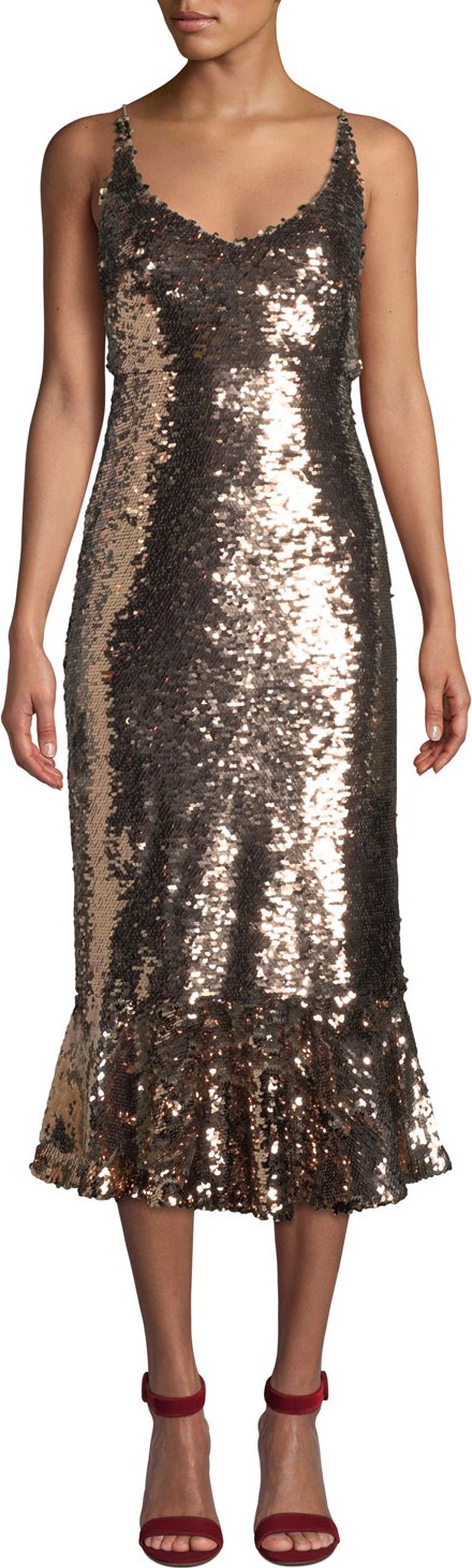 Saloni Aidan Sequined Midi Flounce Cocktail Dress