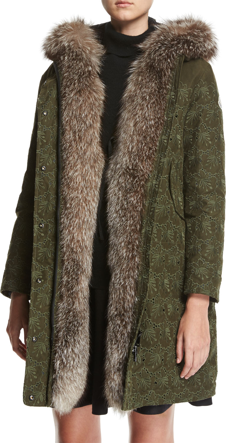 Moncler Veronika Embroidered Hooded Coat w/ Fur Trim