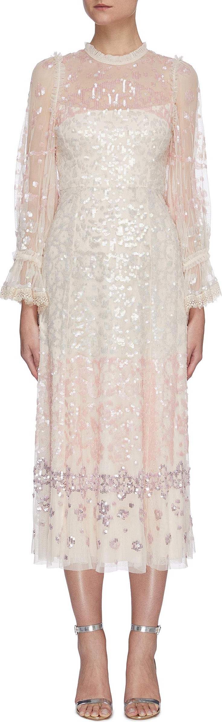 Needle & Thread Sequin embellished trumpet sleeve tulle ballerina midi dress