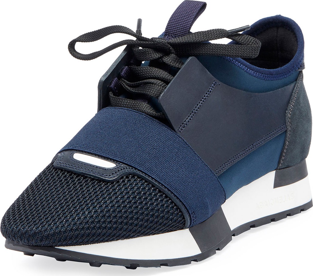 Balenciaga Mixed Knit Lace-Up Sneakers, Blue/Multi