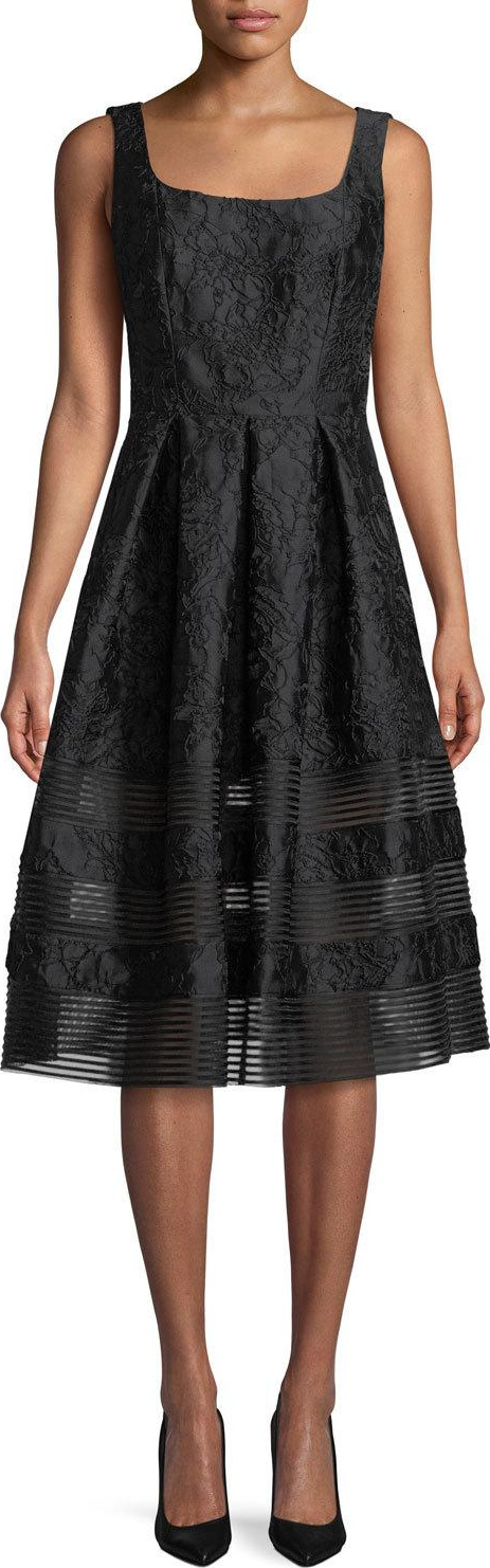Carmen Marc Valvo Brocade Fit-&-Flare Dress w/ Mesh Insets