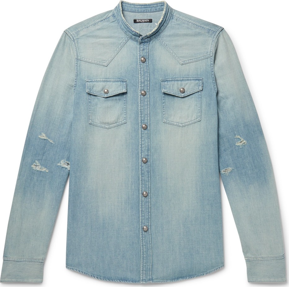 Balmain Slim-Fit Grandad-Collar Logo-Embroidered Distressed Denim Shirt