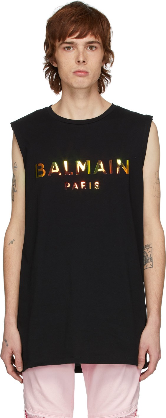 Balmain Black Hologramme Logo Tank Top