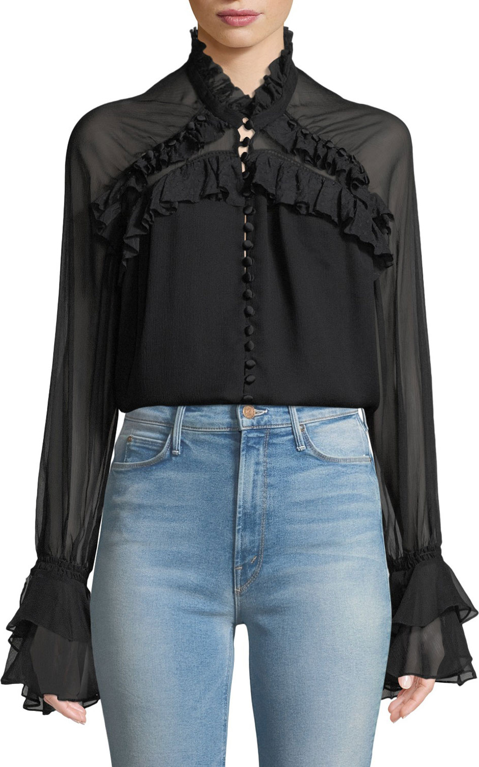 Jonathan Simkhai High-Neck Lace Ruffle Button-Front Top