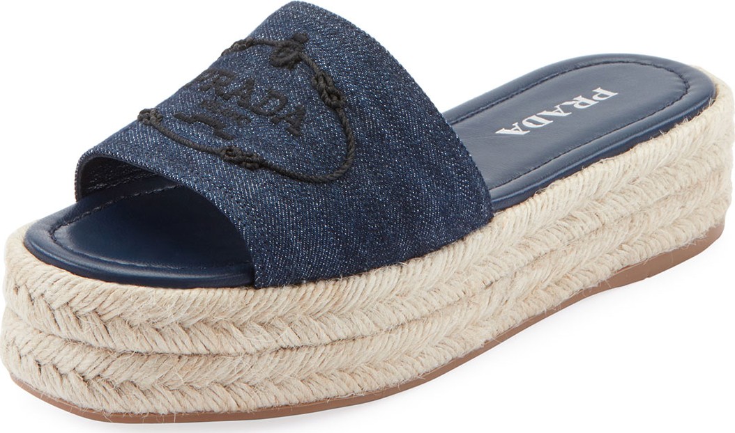 Prada Denim Logo Espadrille Slide Sandals