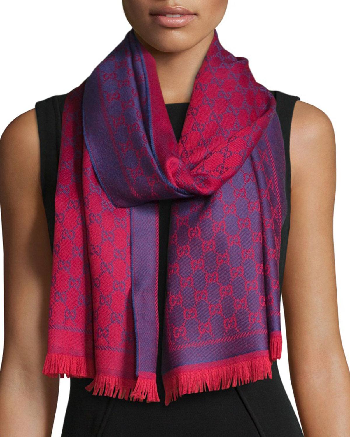 Gucci Reversible Wool Stencil Scarf, Purple/Red