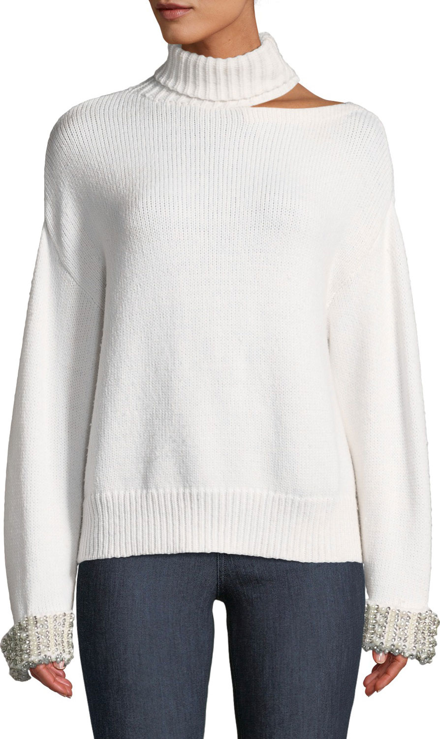 Alice + Olivia Gemini Shoulder-Cutout Embellished Turtleneck Sweater