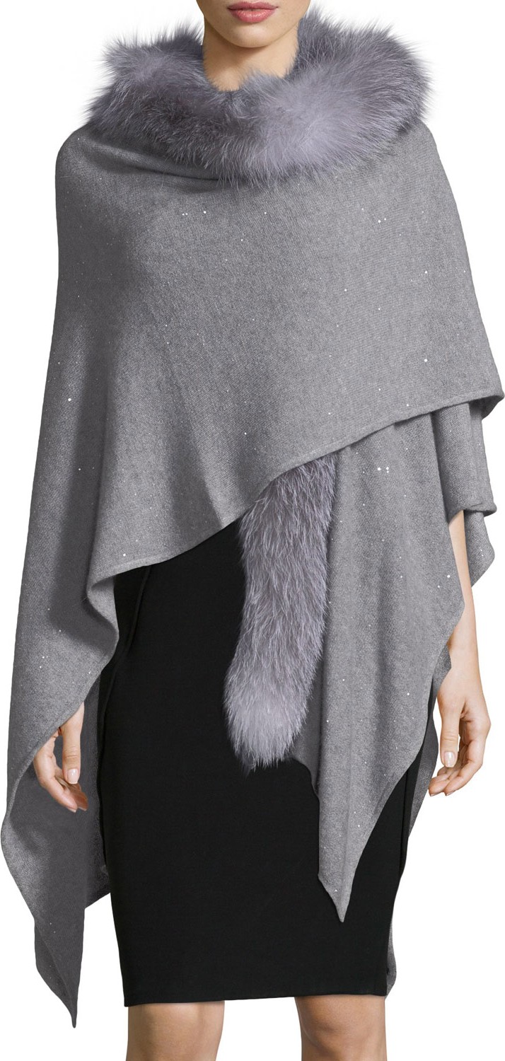 Sofia Cashmere Cashmere-Blend Sequin Ruana Wrap w/ Fur Trim