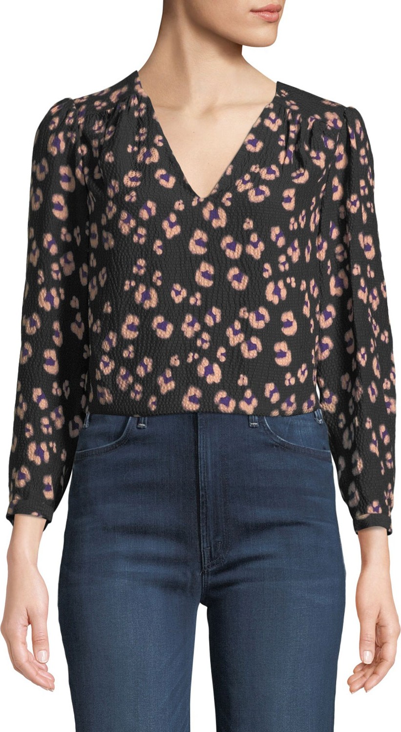 Rebecca Taylor Cheetah-Print Silk V-Neck Top