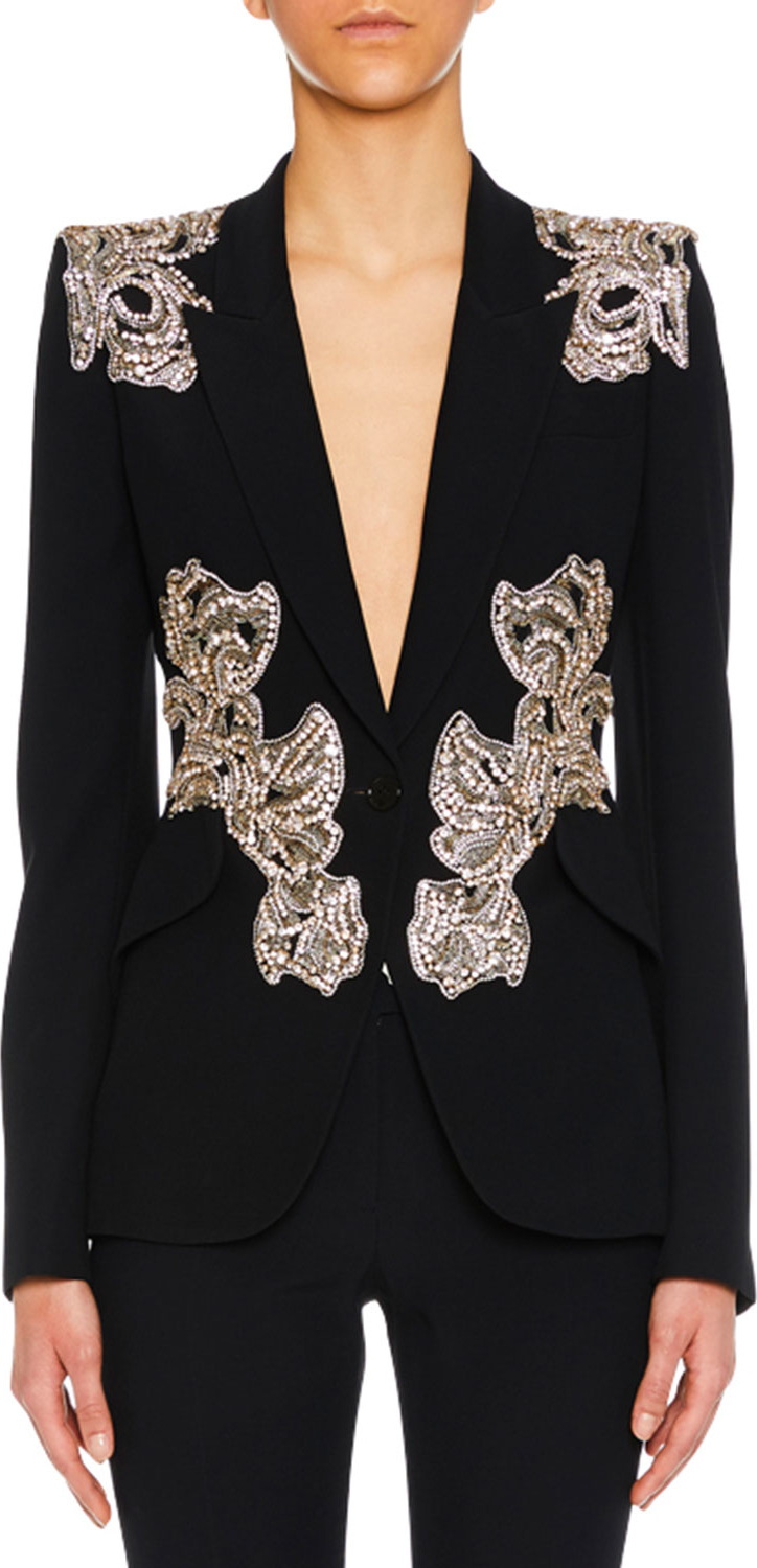 Alexander McQueen Orchid-Embellished One-Button Crepe Blazer
