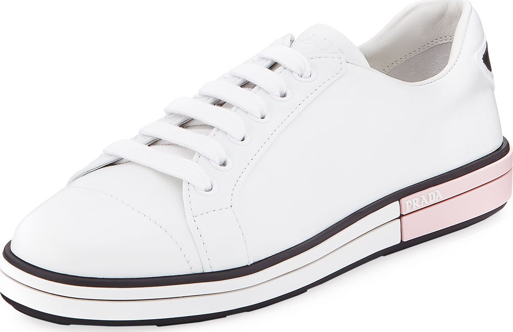 Prada Leather Low-Top Sneakers with Two-Tone Heel