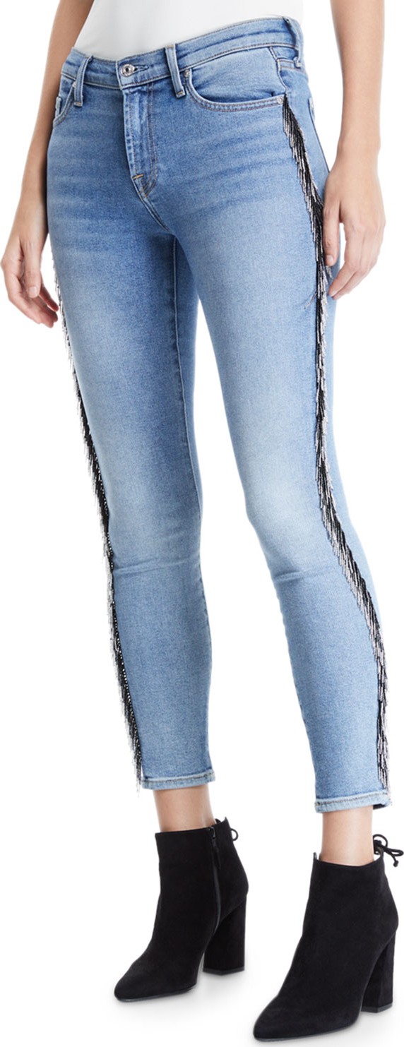 7 For All Mankind Mid-Rise Ankle Skinny Jeans with Beaded Fringe