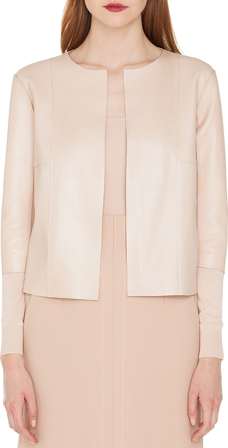 Akris Open-Front Napa Leather Short Jacket with Knit Combo