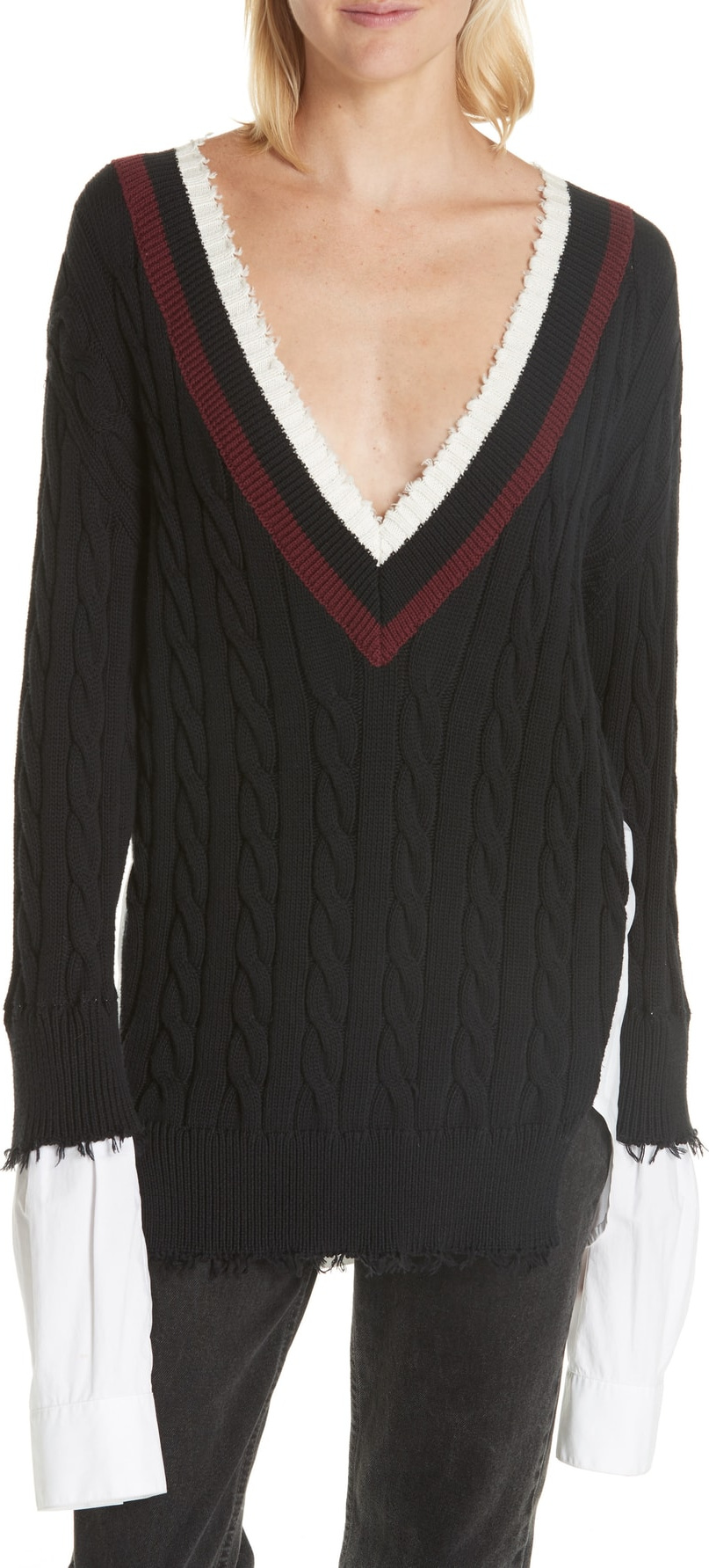 T By Alexander Wang Poplin Inset Destroyed Sweater