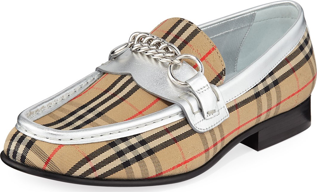 Burberry London England Moorley Chain Check Loafers with Metallic Piping