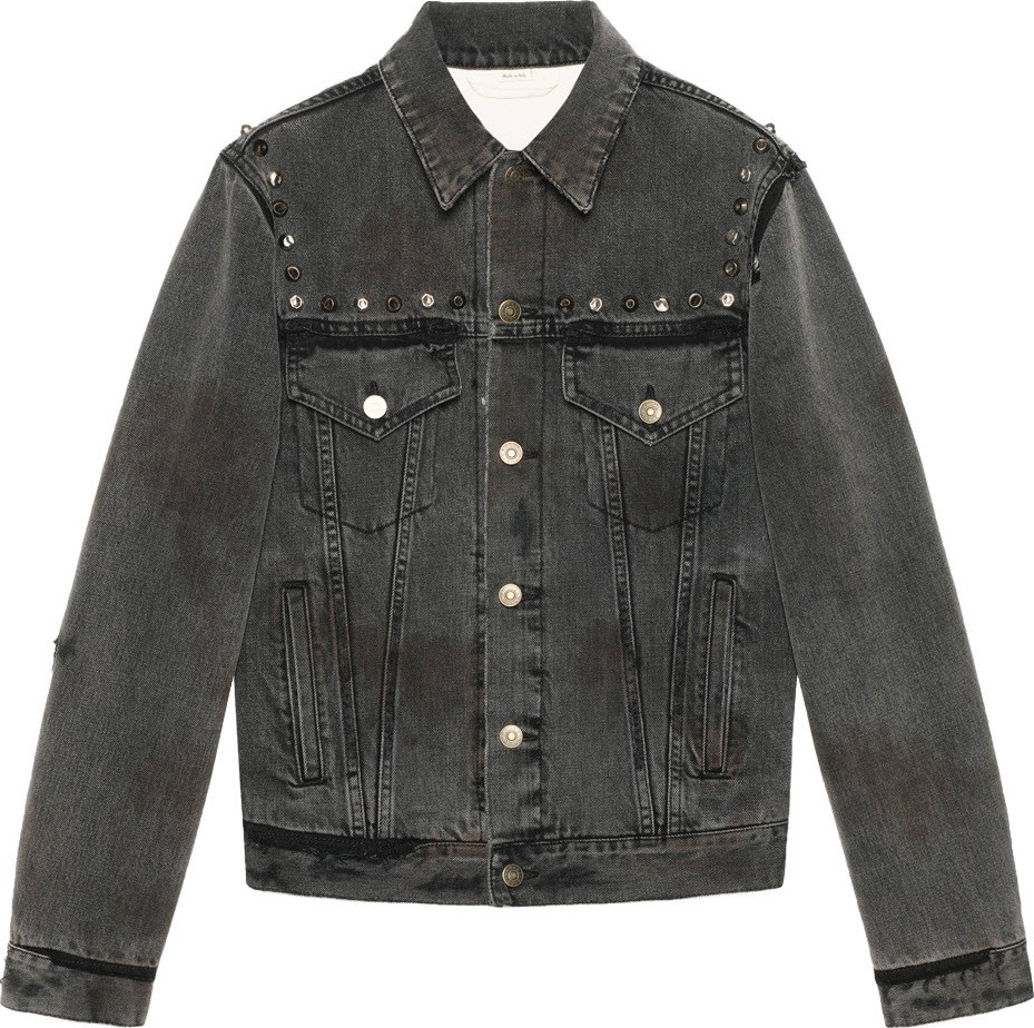 Gucci Studded denim jacket with hand bouquet print