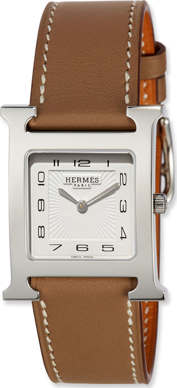 HERMÈS Heure H MM Watch with Taupe Leather Strap