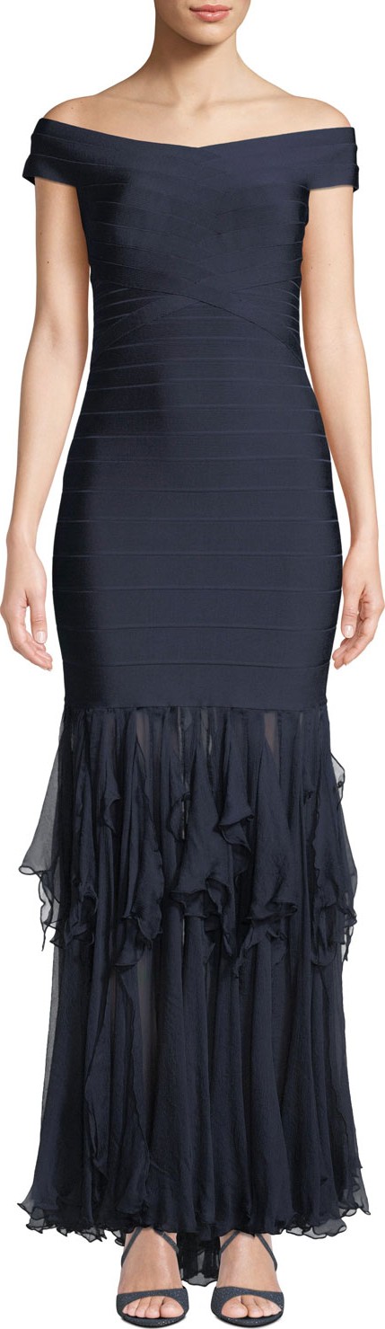 Herve Leger Off-The-Shoulder Gown with Ruffled-Chiffon Skirt