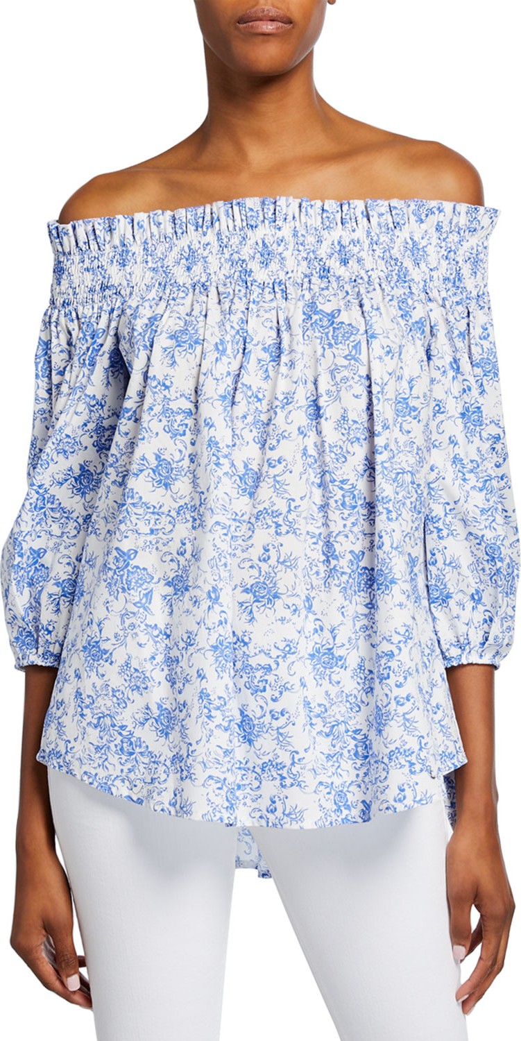 Caroline Constas Lou Smocked Floral Off-Shoulder Top