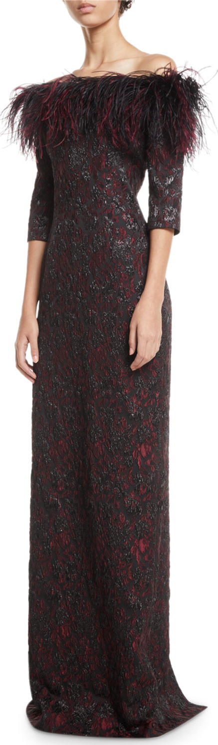 Rickie Freeman for Teri Jon Feather & Jacquard Column Gown