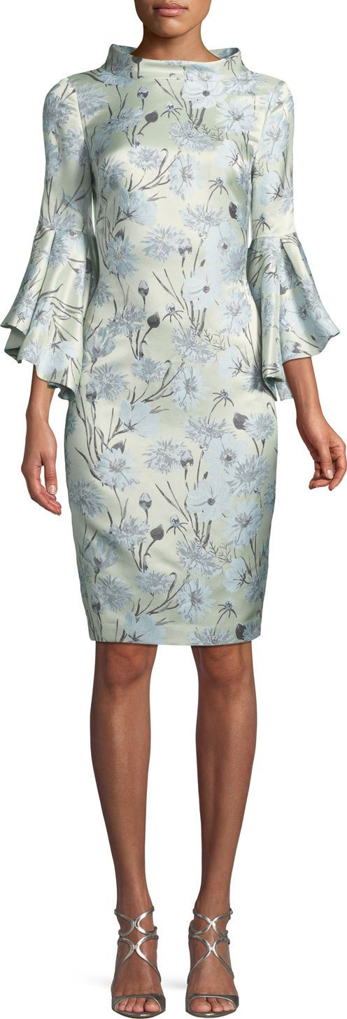 Badgley Mischka High-Neck Trumpet-Sleeve Brocade Sheath Dress