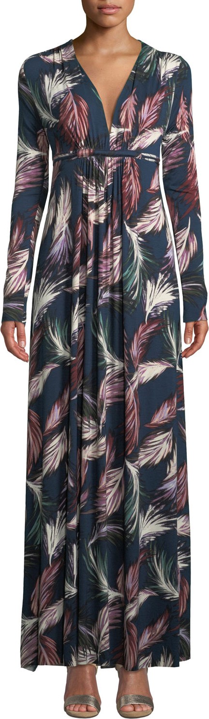 Rachel Pally Long-Sleeve Feather-Print Long Caftan Dress