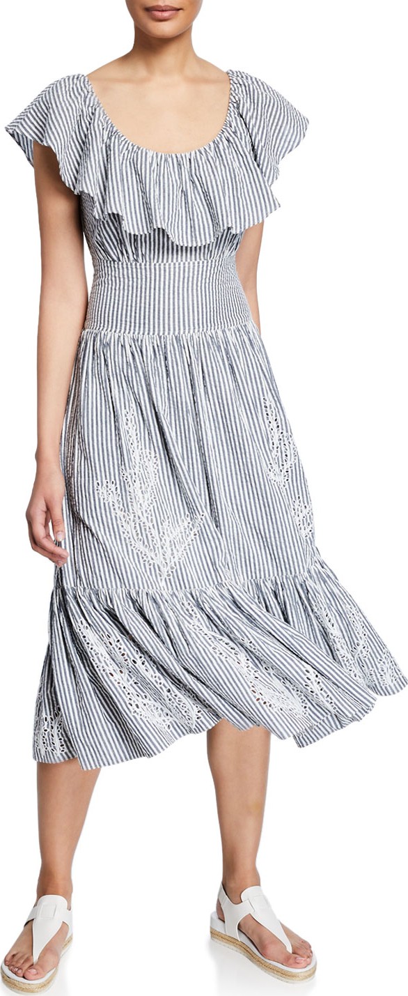 Tory Burch Runway Striped Eyelet Embroidered Midi Dress