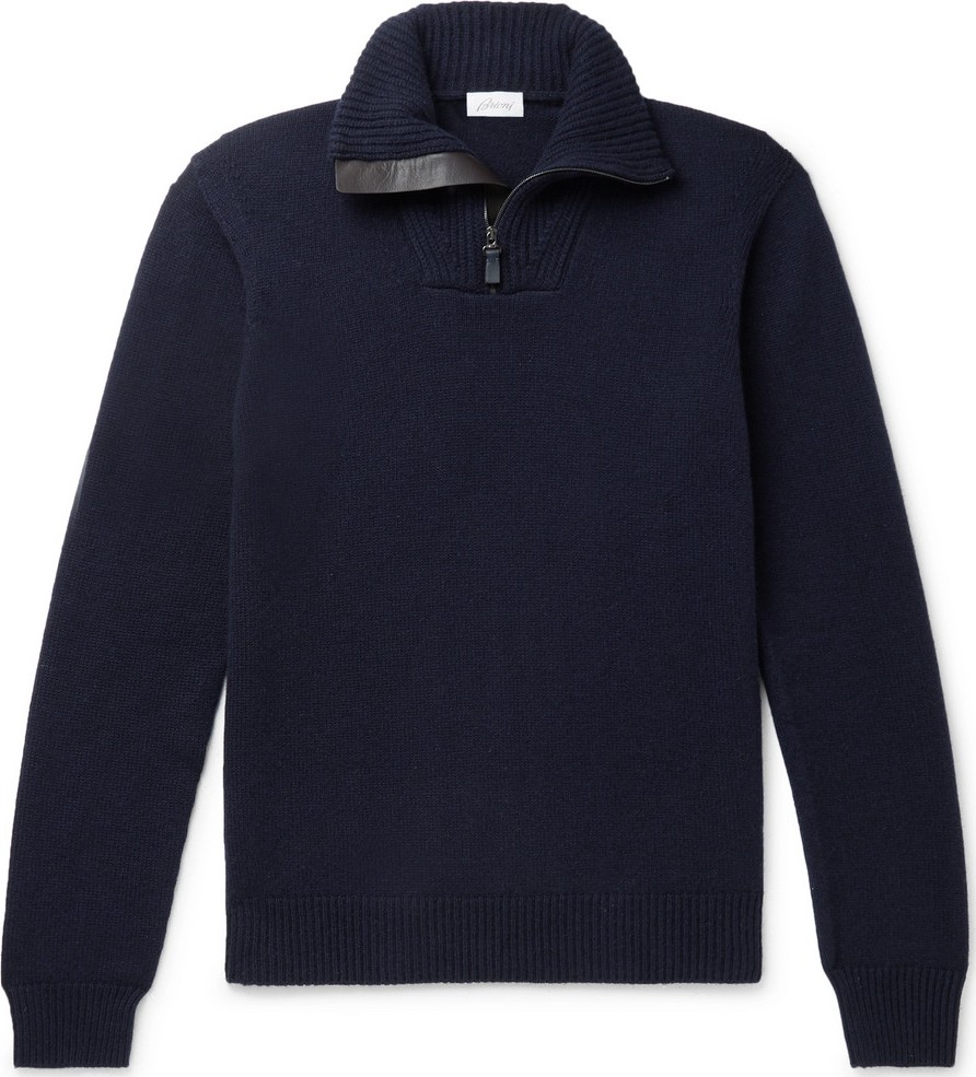 Brioni Leather-Trimmed Cashmere Half-Zip Sweater