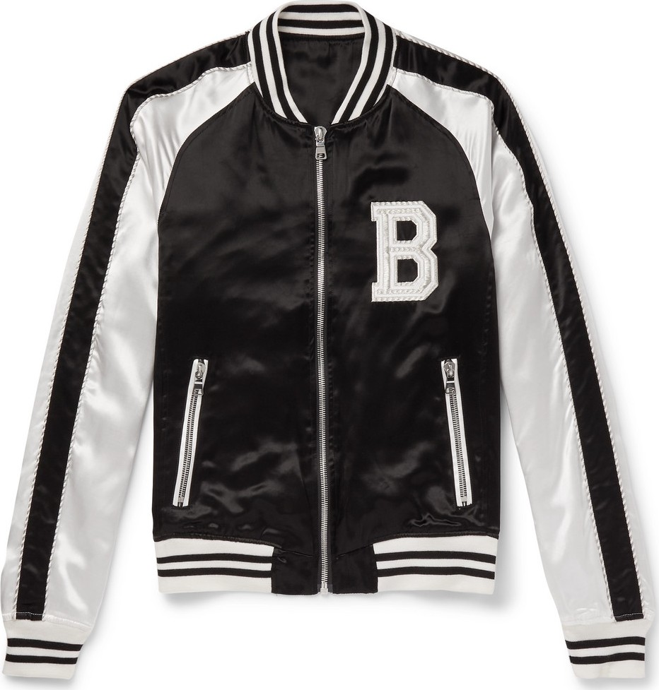 Balmain Two-Tone Logo-Embroidered Satin Bomber Jacket