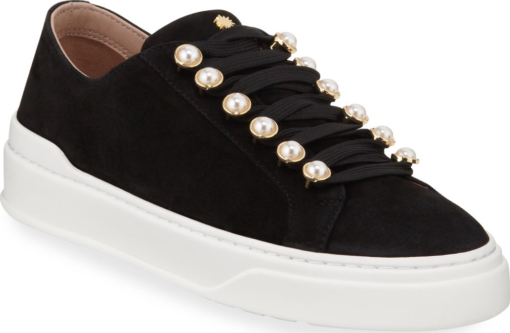 Stuart Weitzman Excelsa Pearly-Detail Suede Low-Top Sneakers