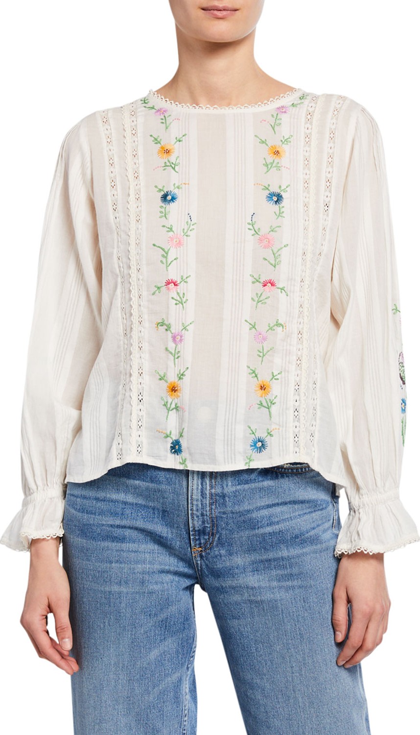 LOVESHACKFANCY Stevie Embroidered Button-Up Top
