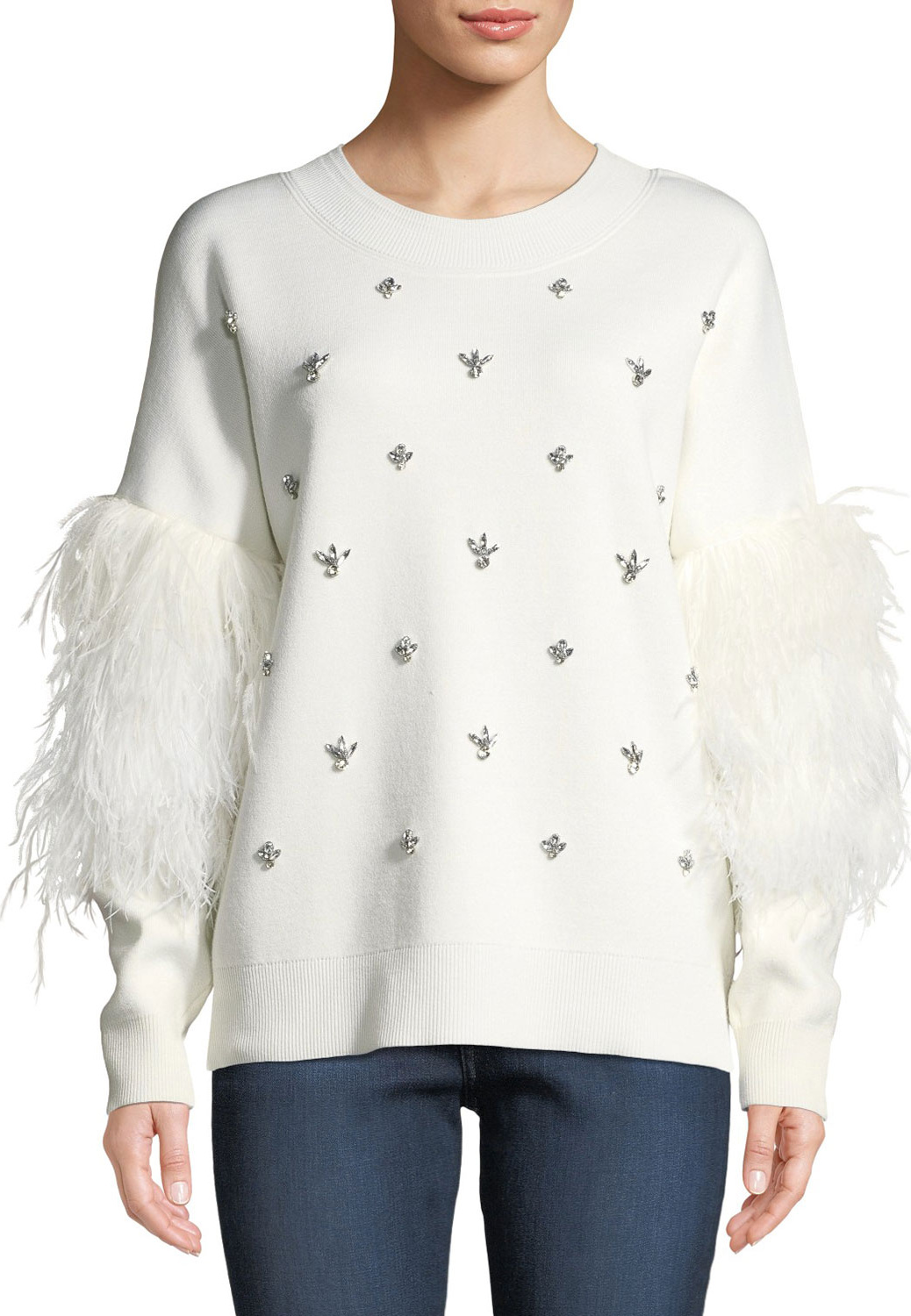KOBI HALPERIN Maureen Embellished Crewneck Pullover Sweater w/ Ostrich Feathers KOBI HALPERIN Maureen Embellished Crewneck Pullover Sweater w/ Ostrich Feathers
