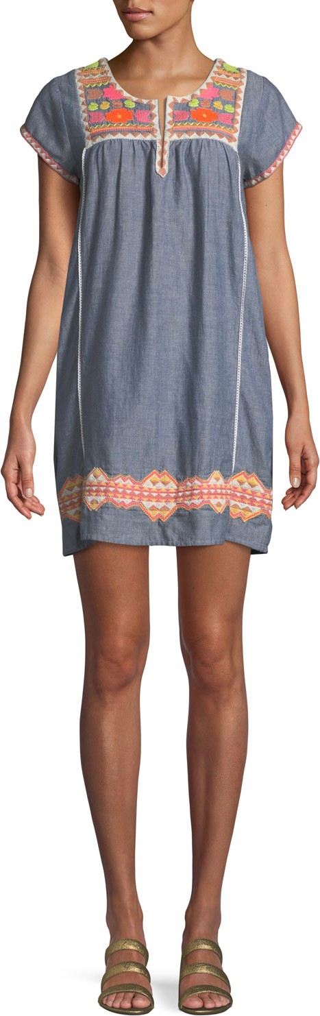 Letarte Embroidered Short-Sleeve Tunic Dress Coverup