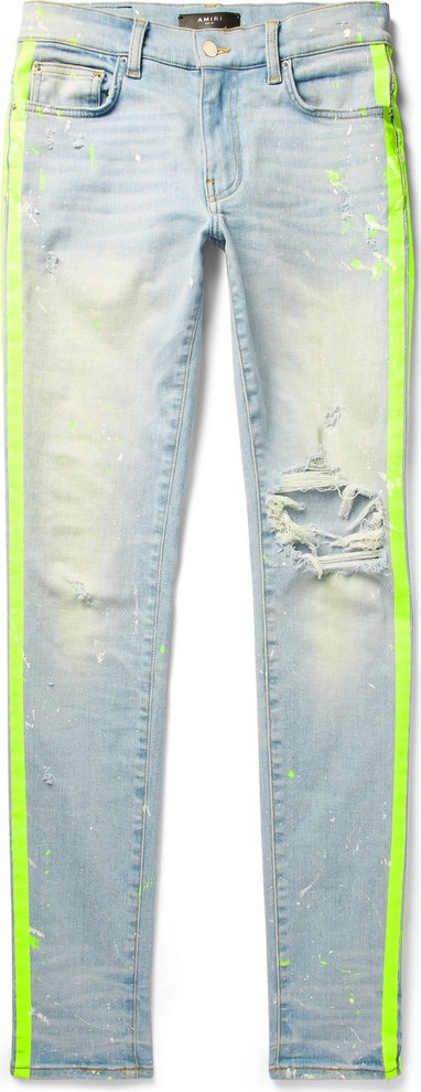 Amiri Broken Painter Skinny-Fit Neon-Striped Distressed Stretch-Denim Jeans