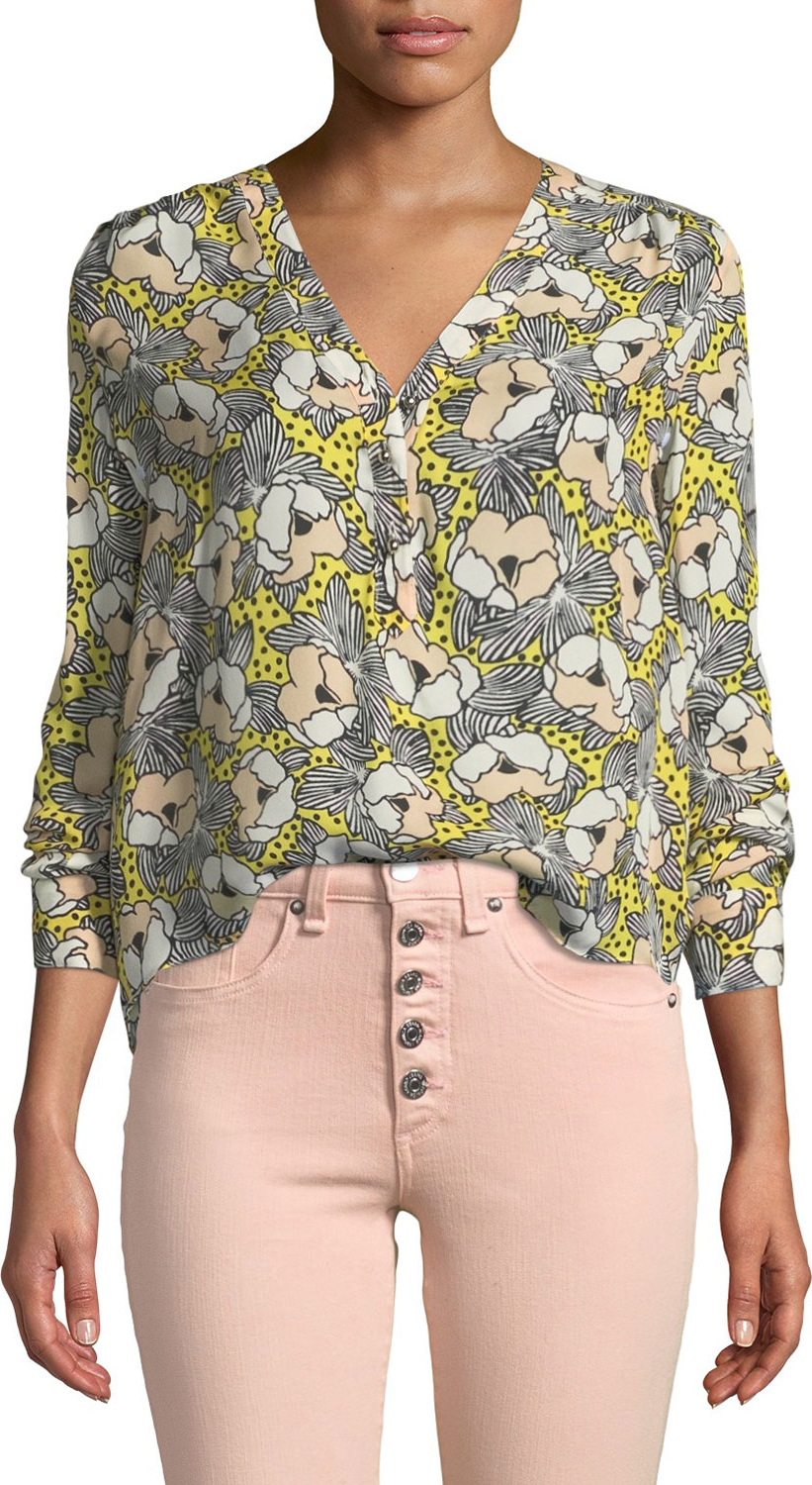 Veronica Beard Briley Printed Button-Down Long-Sleeve Blouse