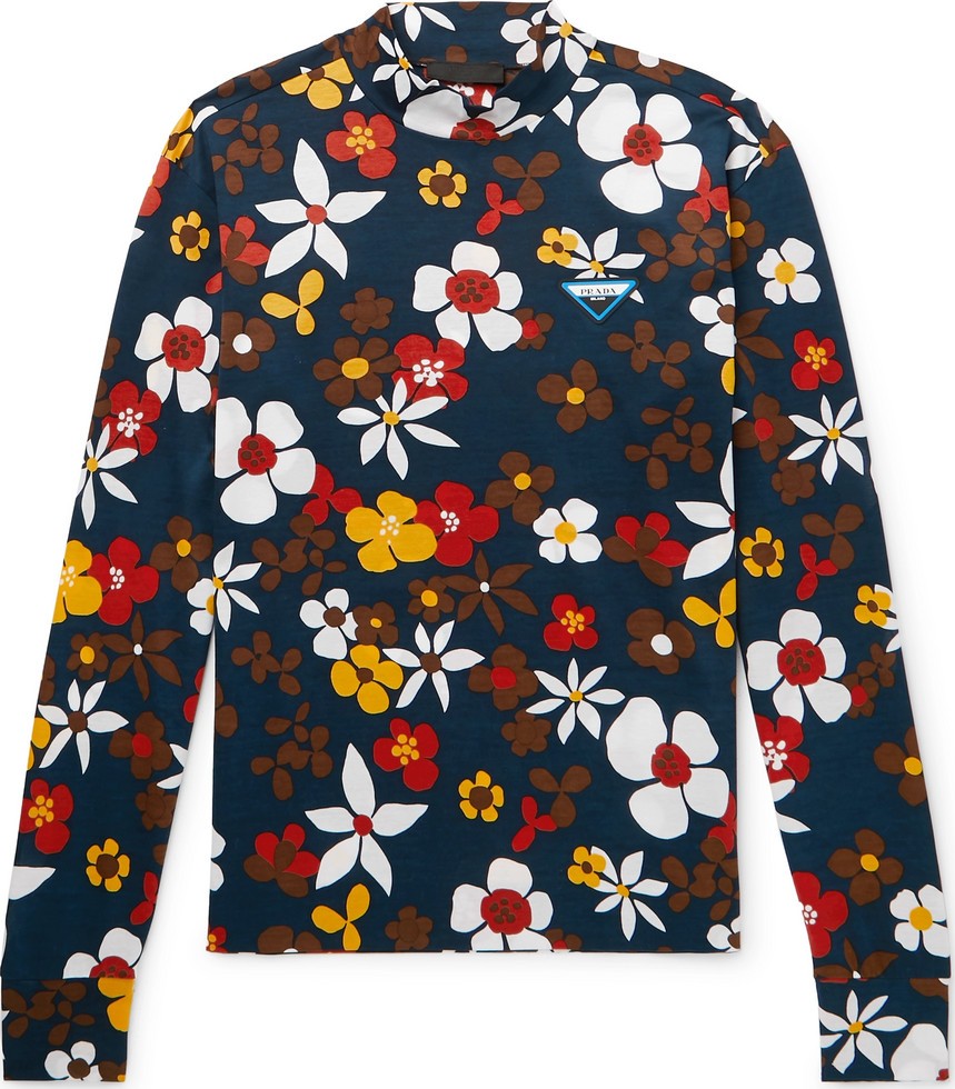 Prada Slim-Fit Floral-Print Cotton-Jersey Mock-Neck T-Shirt