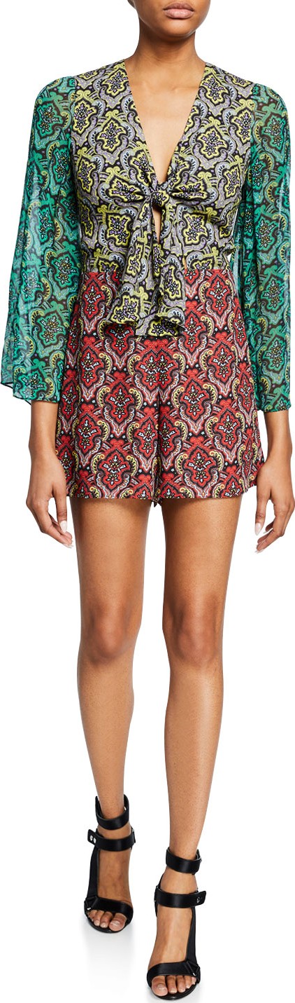 Alice + Olivia Brylee Tie-Front Bell-Sleeve Romper
