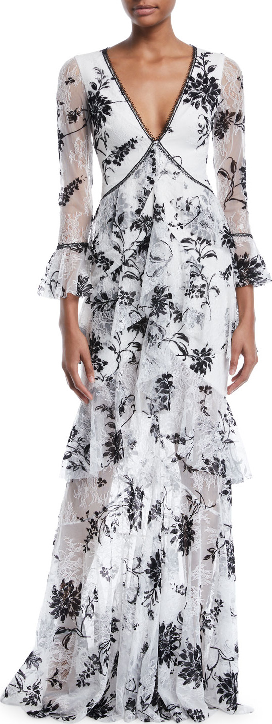 Marchesa Notte Flocked Lace V-Neck & Ruffle Gown