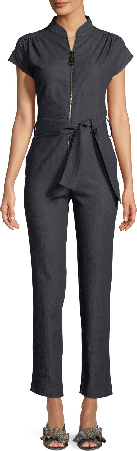 Carolina Ritzler Soul Cap-Sleeve Zip-Front Straight-Leg Denim Jumpsuit