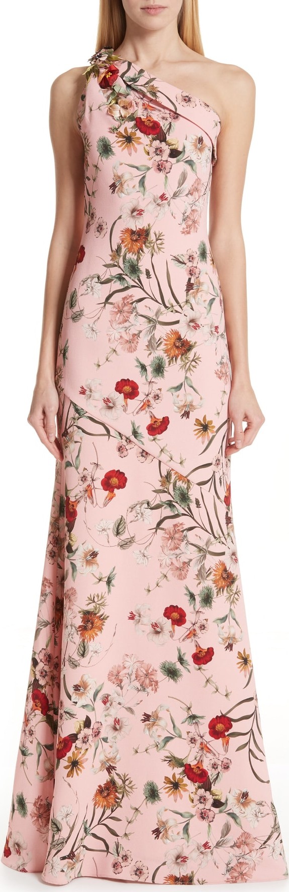 Badgley Mischka Badgley Mischka One-Shoulder Floral Evening Dress