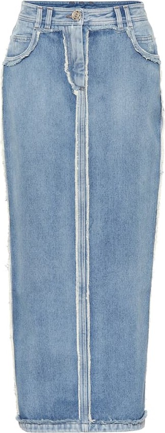Balmain High-rise frayed denim midi skirt