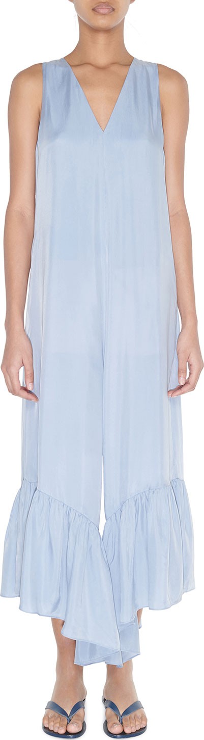 Tibi V-Neck Sleeveless Ruffle-Hem Jumpsuit