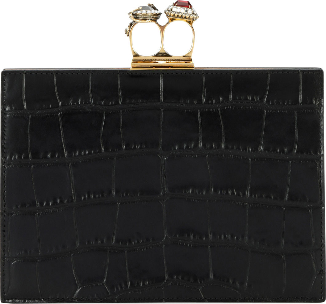 Alexander McQueen Jeweled Double Ring Crocodile-Embossed Clutch Bag - Golden Hardware