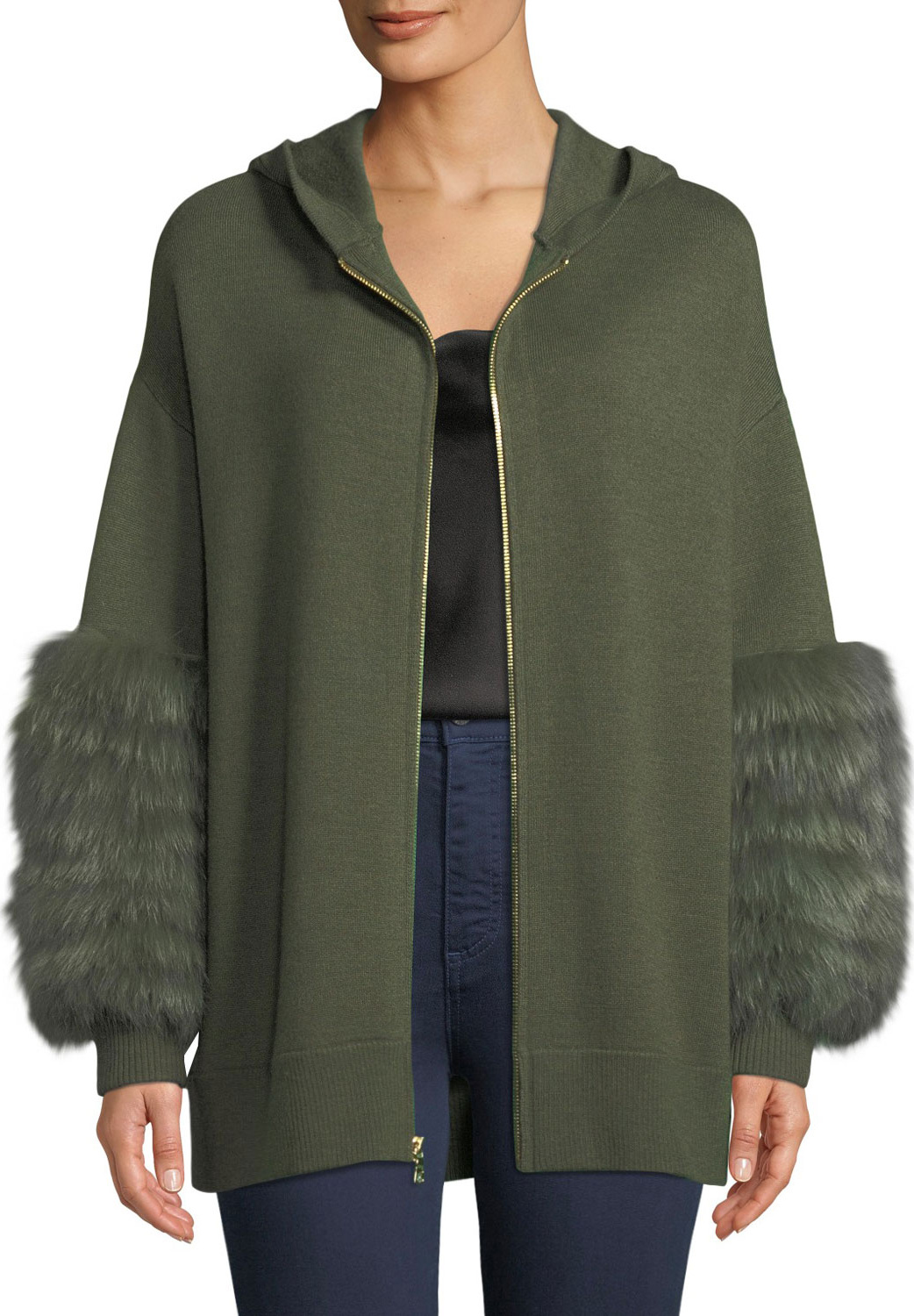 Alice + Olivia Joey Fur-Cuff Zip-Front Wool-Blend Hoodie Sweater